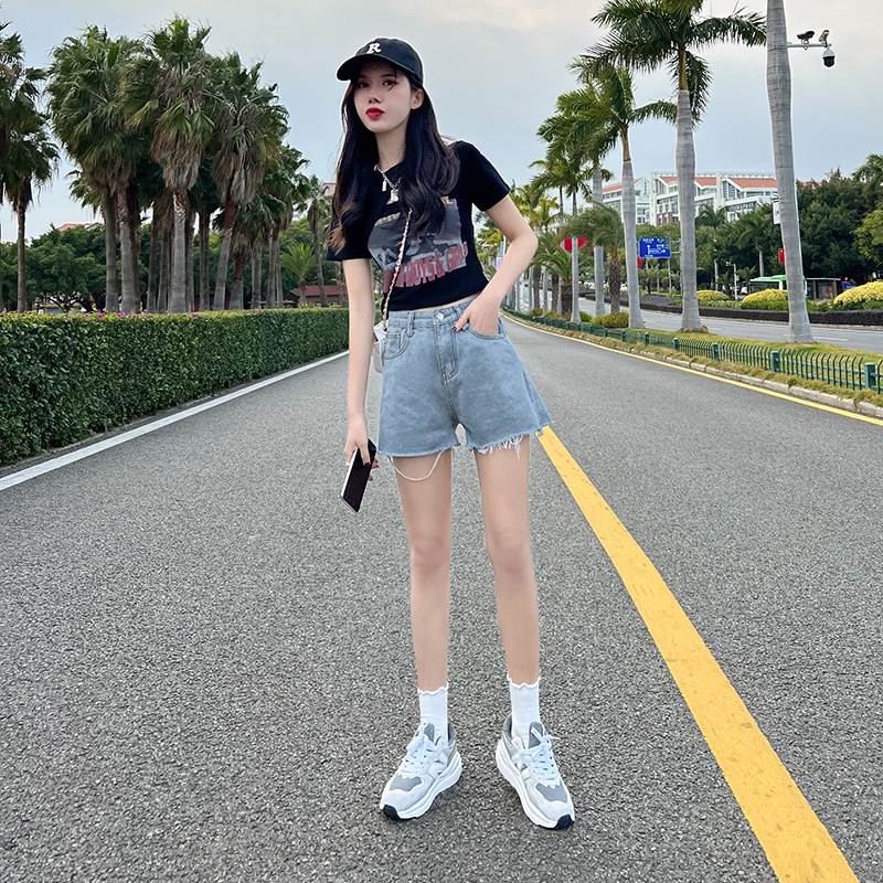 Quần Short Denim Lưng Cao Ống Rộng Phong Cách Hàn Quốc Thời Trang Mùa Hè Cho Nữ