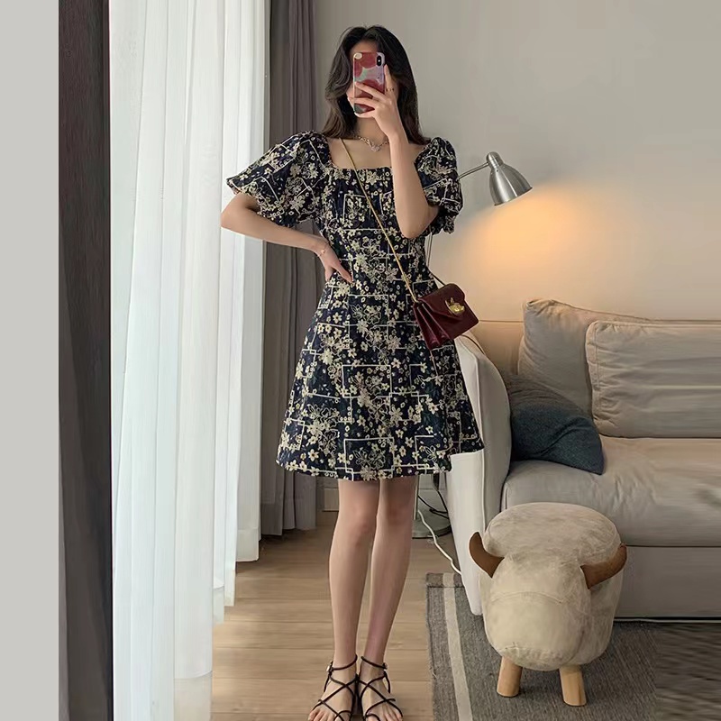 Đầm Cổ Vuông Họa Tiết Hoa Phong Cách Retro Thời Trang Mùa Hè Cho Nữ