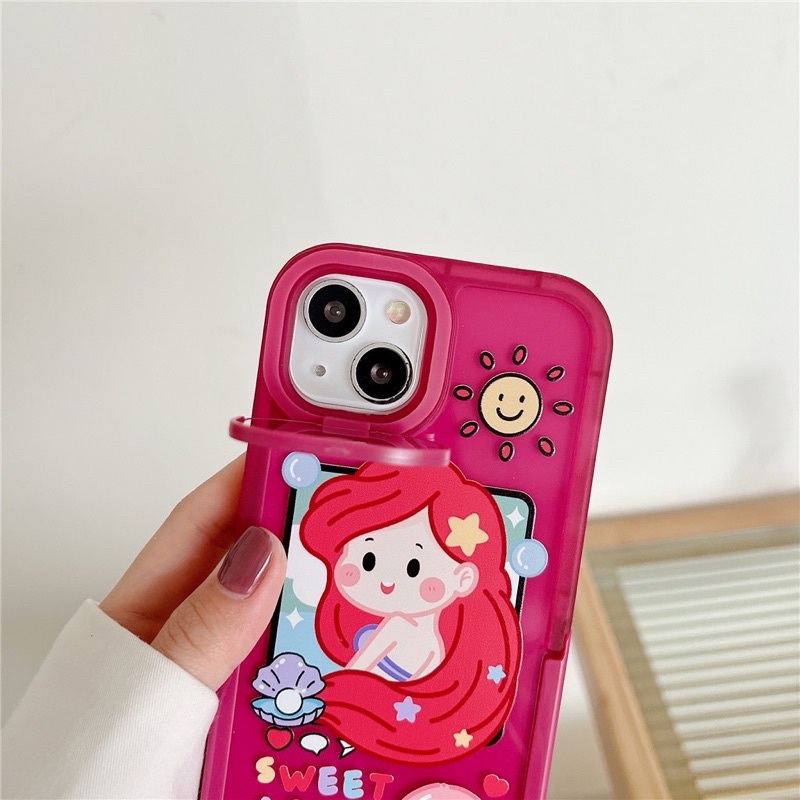 Ốp lưng iphone mềm dẻo viền bo tròn chống sốc có gương che bảo vệ camera công chúa nàng tiên cá màu hồng đáng yêu