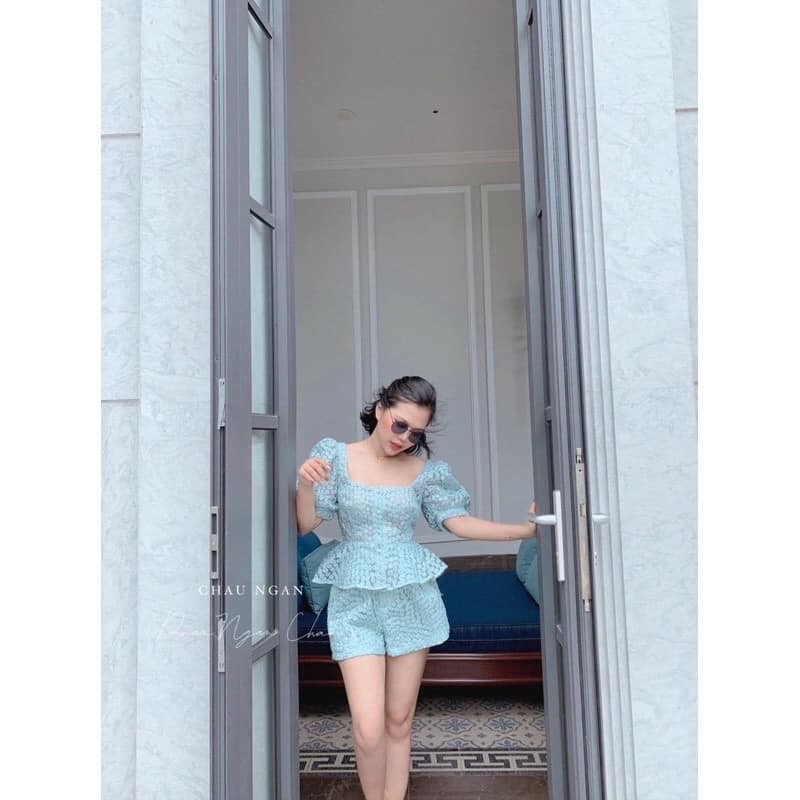 SET ÁO XÒE PEPLUM REN HOA XANH NỔI + SHORT SIÊU XINH