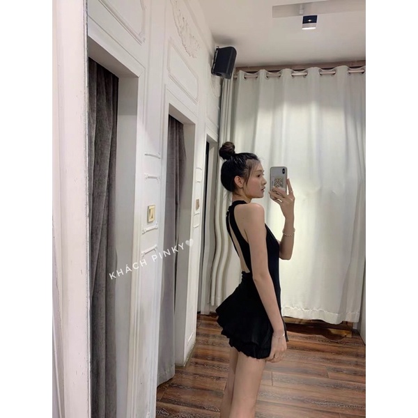 Đồ bơi nữ dáng váy, áo tắm cổ yếm dáng đầm màu đen, size từ 38-68kg