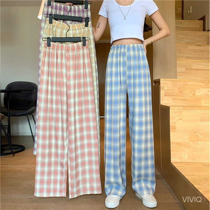 [Spot]   Pants for Women Summer Thin2021New straight loose casual plaid trousers mopping the floor high waist wide leg pants