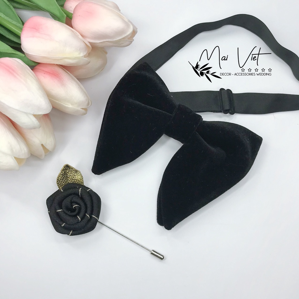 Nơ chú rể kiểu tai mèo, chất vải nhung và phi bóng 2 cánh nơ rộng