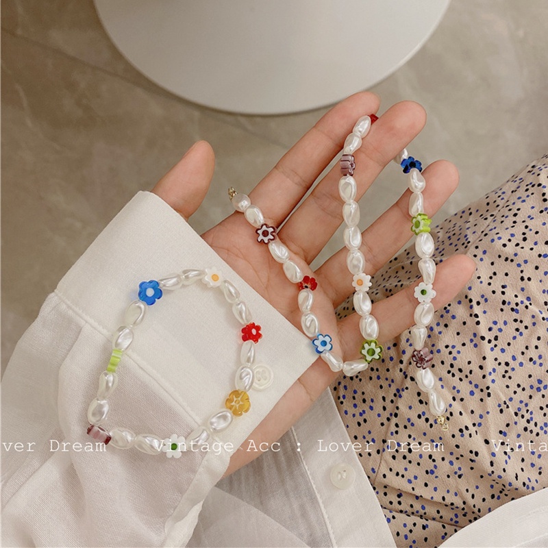 Vòng tay/Vòng cổ đính hạt ngọc trai giả nhiều màu sắc phong cách retro hàn quốc cho nữ