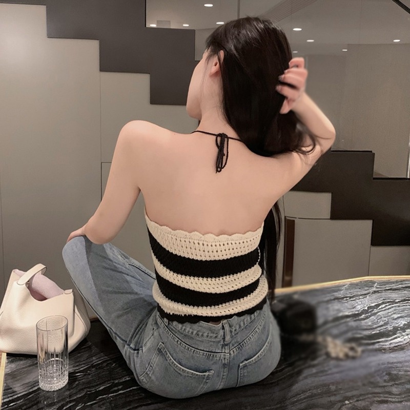 Áo Hai Dây Dệt Kim Kẻ Sọc Thoáng Khí Phong Cách Hàn Quốc