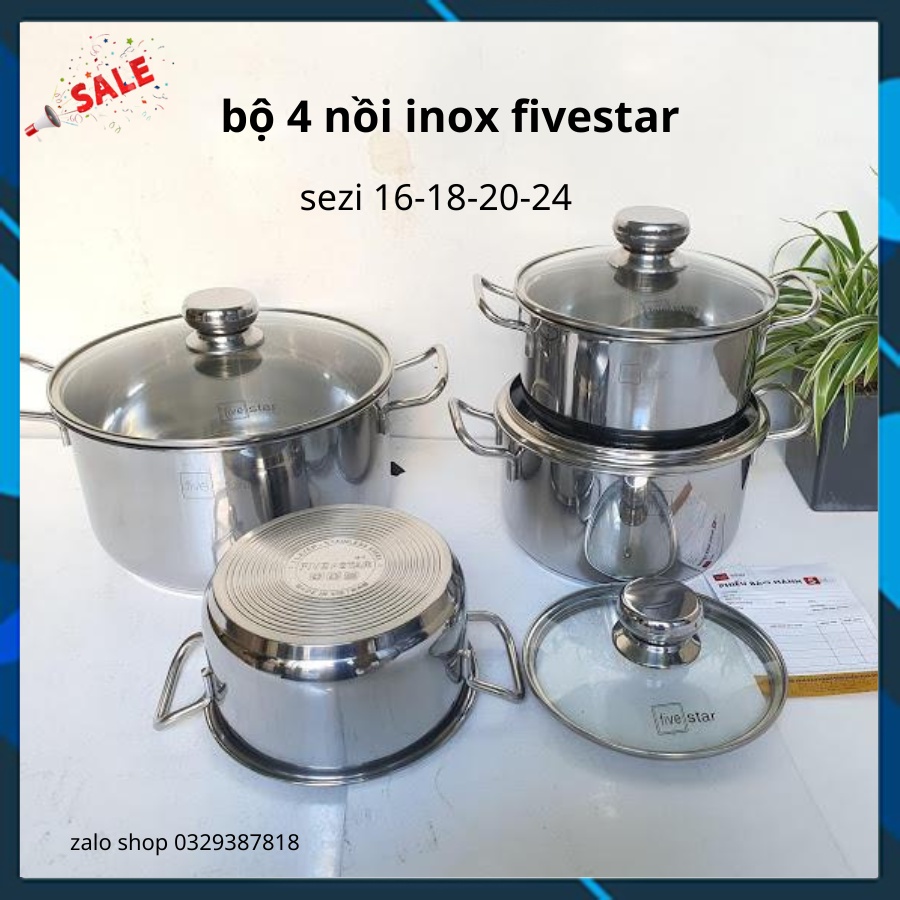 Bộ nồi Fivestar 4 chiếc vung kính đáy 3 lớp size 16,18,20,24cm