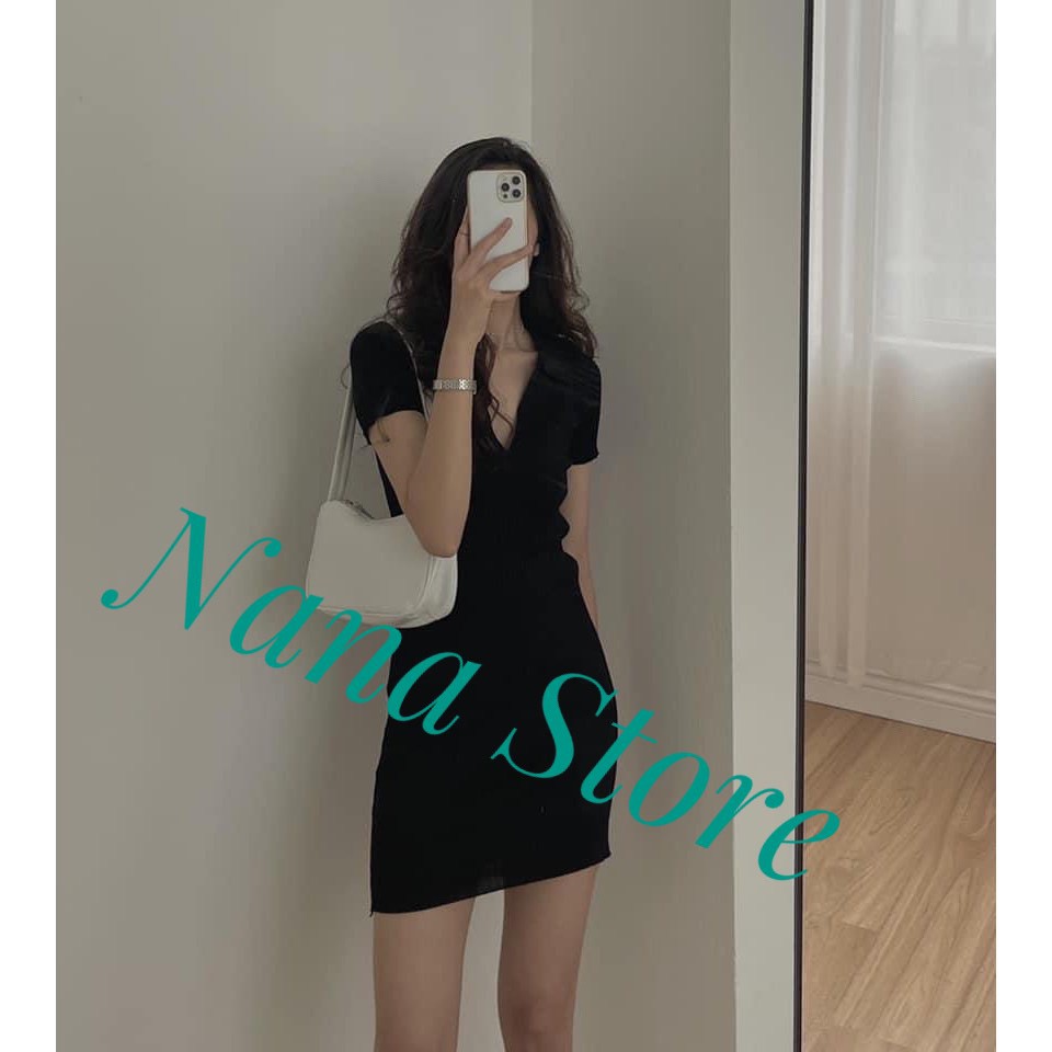 Váy Thun Tăm Polo Cổ V Nữ , Đầm Dáng Ngắn Ôm Body Cộc Tay Cổ Tim Thiết Kế Sexy, Cá Tính Ulzzang