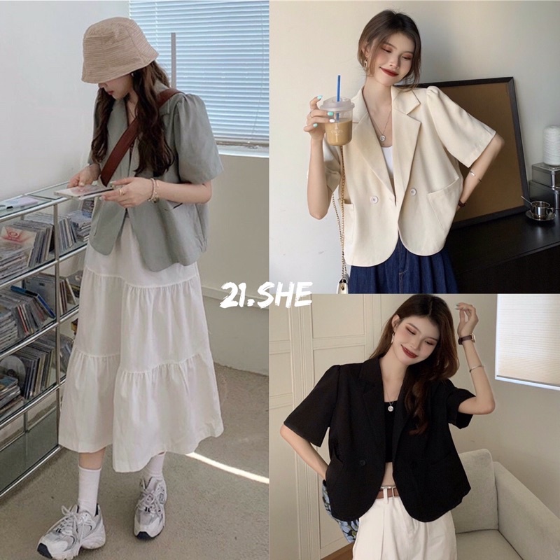 Áo vest nữ cộc tay túi tròn/ blazer dáng ngắn tay bồng