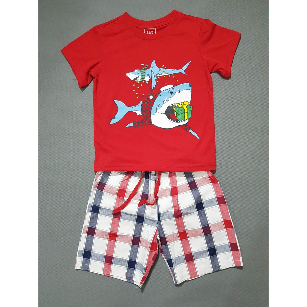 Bộ thun cotton quần caro kiểu dáng thể thao cá mập, bóng rổ cho bé trai