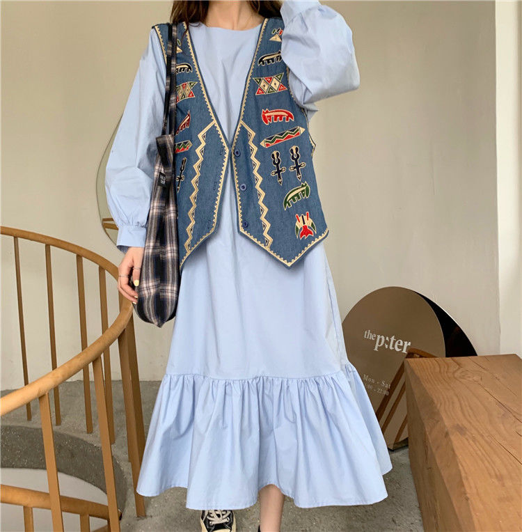 Set Áo Sơ Mi Dài Tay Cổ Chữ V + Đầm Yếm Jean Thời Trang Hàn Quốc Cho Nữ