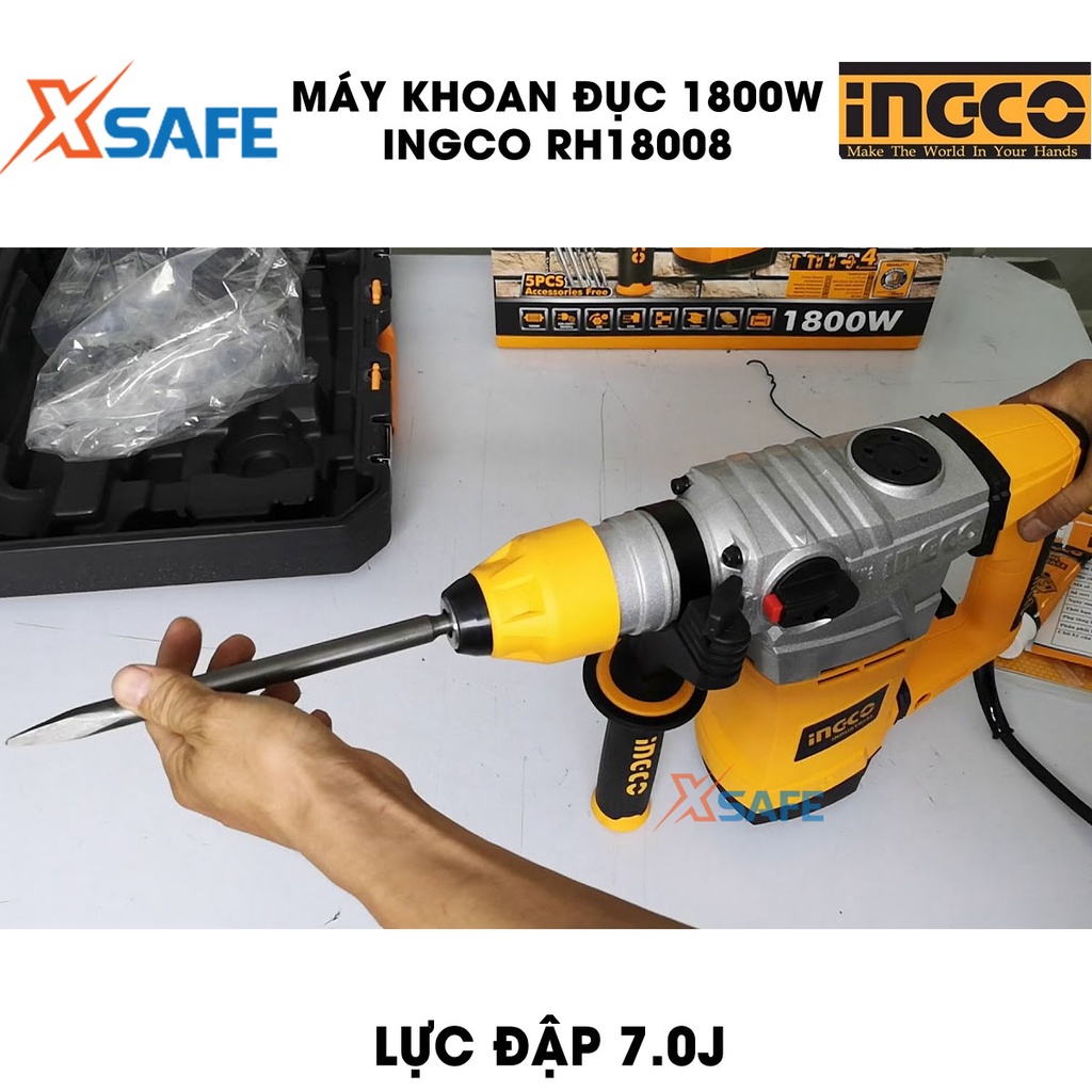 Máy khoan đục 1800W INGCO RH18008 kèm 3 mũi khoan gài, 2 mũi đục tốc độ không tải 850 vòng/phút
