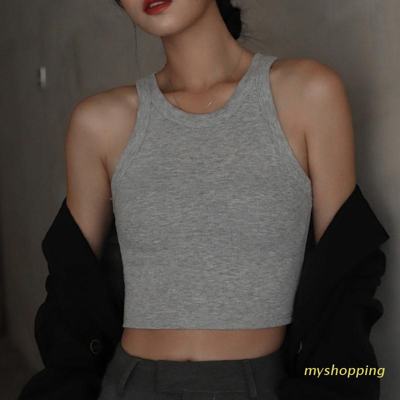 Áo Croptop Dệt Kim Không Tay Dáng Ôm Màu Trơn Thời Trang Cho Nữ