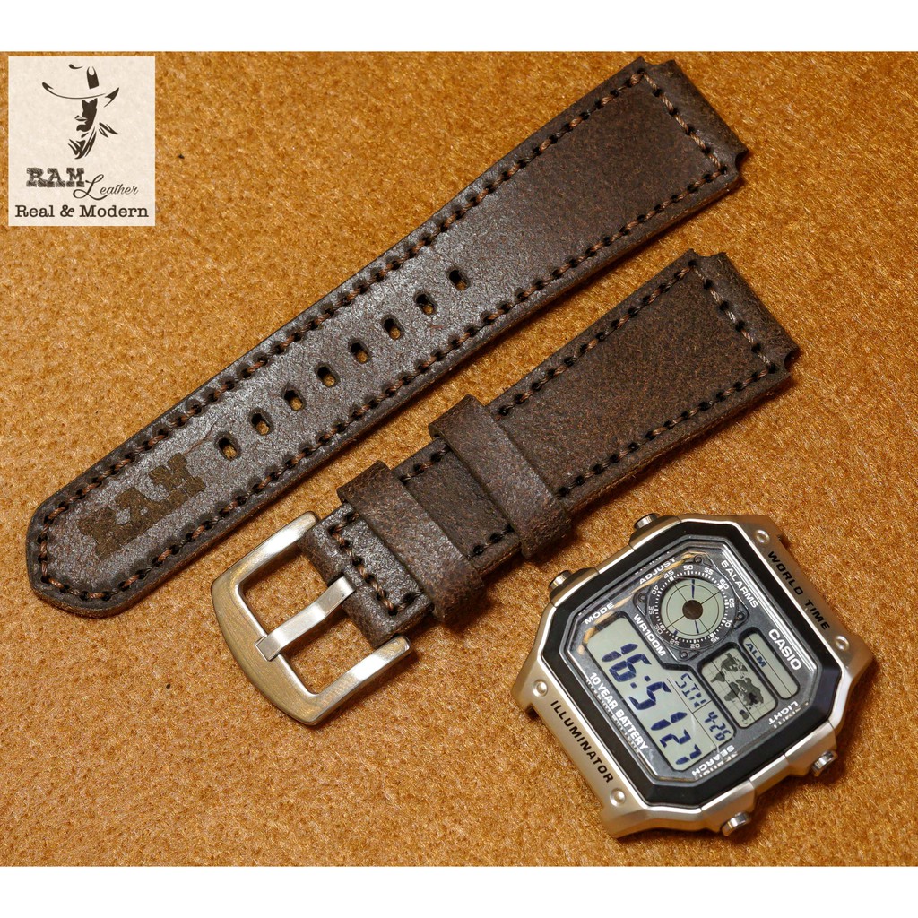 Dây đồng hồ da bò RAM Leather  cho casio 1200 , 1300 , 1000 và 18mm - tặng khóa chốt và cây thay dây