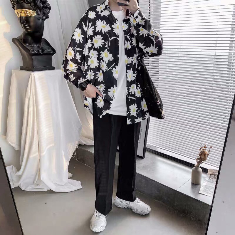 ÁO SƠ MI LOANG HOA CÚC DÀI TAY FORM RỘNG HOT - ÁO POLO CỔ BẺ HOA LÁ NỀN ĐEN ULZZANG VINTAGE