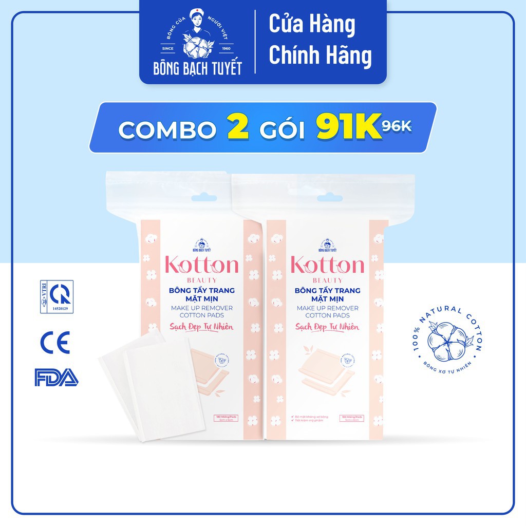 Bông Tẩy Trang Cotton Bề Mặt Mịn Kotton Beauty 180 Miếng