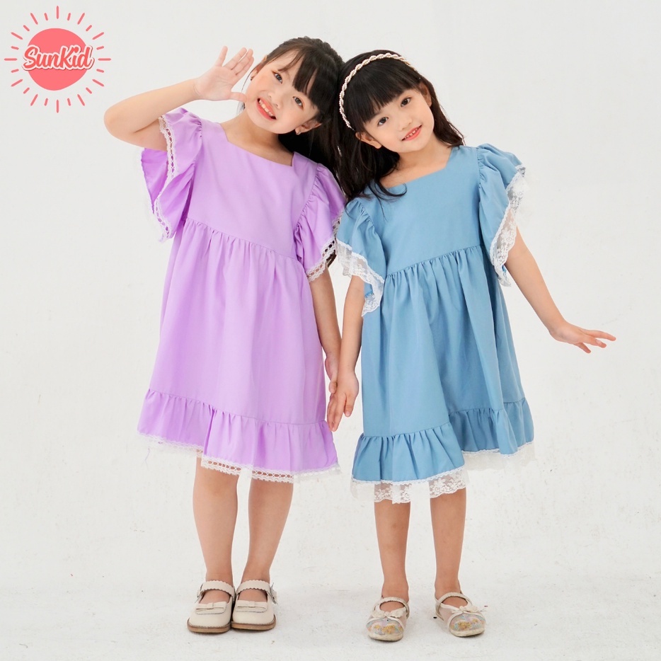 Váy đầm bé gái dáng suông vải trượt nhật cao cấp mùa hè Sunkid PP màu xanh,màu tím 4-12 tuổi