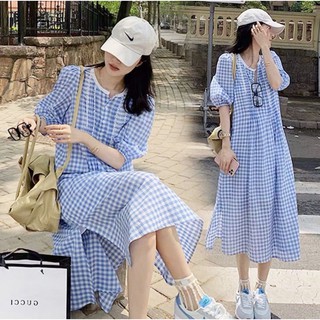 VÁY ĐẨM KẺ CARO XANH DÁNG SUÔNG BABYDOLL|| ULZZANG GIRL