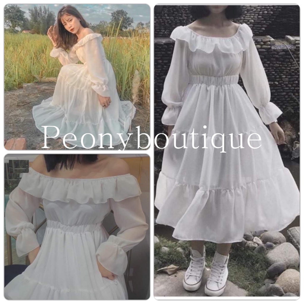 🌸 Đầm midi viền bèo tiểu thư, kiểu dáng xòe 3 tầng tay bồng đuôi cá đẹp Ulzzang 🌸