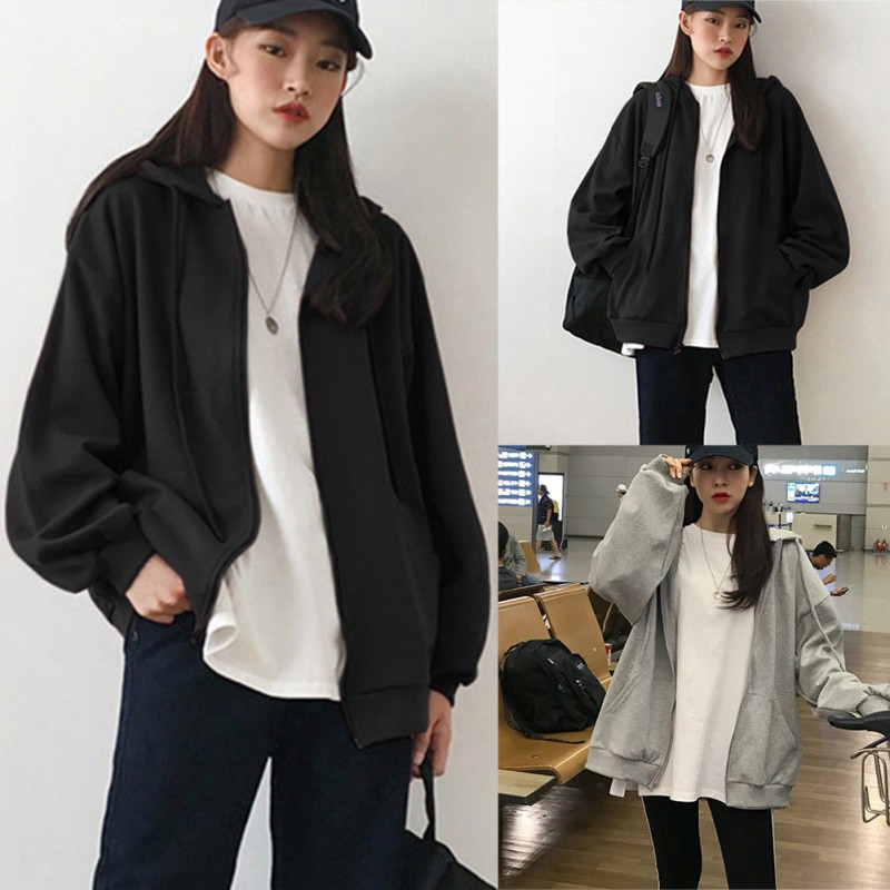 Women Loose Hooded Drawstring Solid Color Long-sleeved Coat