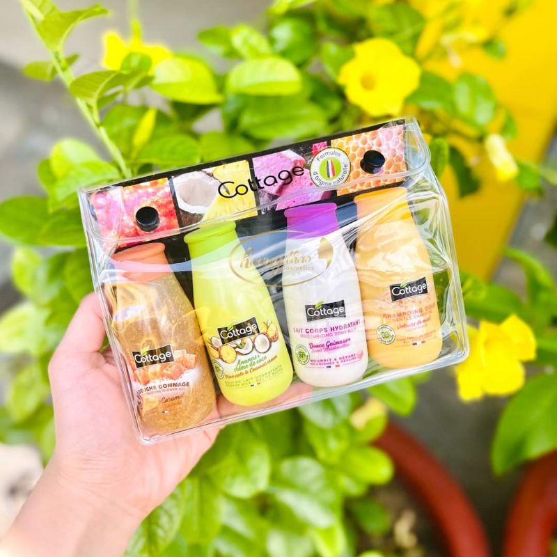 SET MINI 4 CHAI SỮA TẮM & DƯỠNG THỂ, TẨY DA CHẾT VÀ DẦU GỘI COTTAGE PHÁP