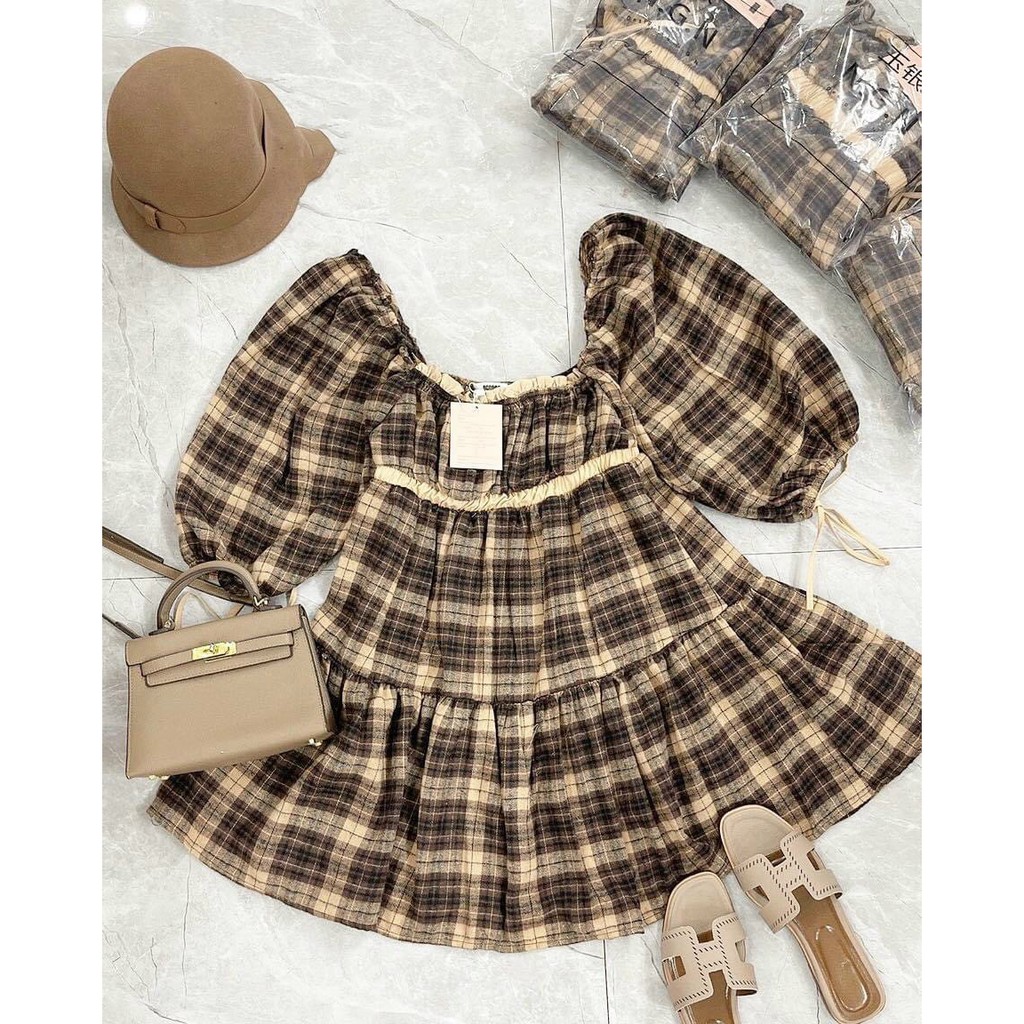 [FREESHIP] Đầm caro babydoll  kate dày mịn đẹp BG253211