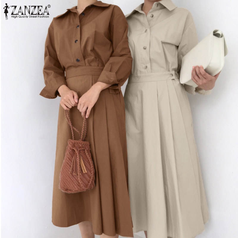 Đầm ZANZEA cổ lật tay áo 3/4 màu trơn phối nút phong cách Hàn Quốc đơn giản thời trang thanh lịch dành cho nữ