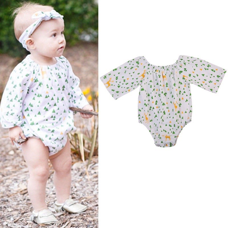 Bộ áo liền quần chất liệu cotton in hoạ tiết nai thời trang dành cho bé gái sơ sinh