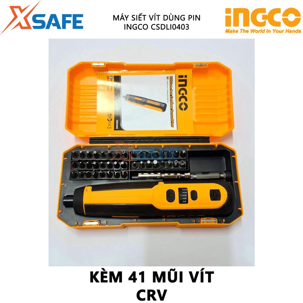Máy bắn vít mini dùng pin 4V INGCO CSDLI0403 đầu lục giác 1/4&quot;, tốc độ 240v/p, lực mô men quay tối đa 4n.m, tích hợp đèn