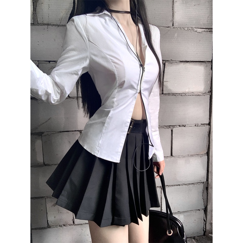 QKOOLE Áo sơ mi  tay dài cổ chữ V phối khóa kéo thời trang Hàn Quốc cho nữ