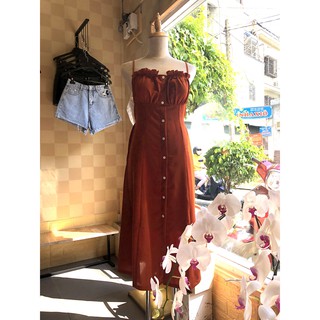Đầm maxi hở lưng cam gạch