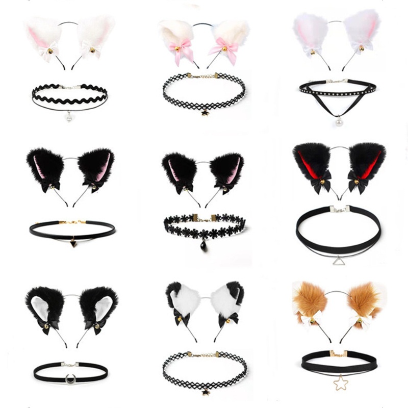 Bộ Vòng Cổ Choker Tai Mèo Bằng Lông Nhung Gợi Cảm