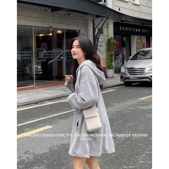 Váy áo nỉ tăm gân có mũ dáng rộng xuông