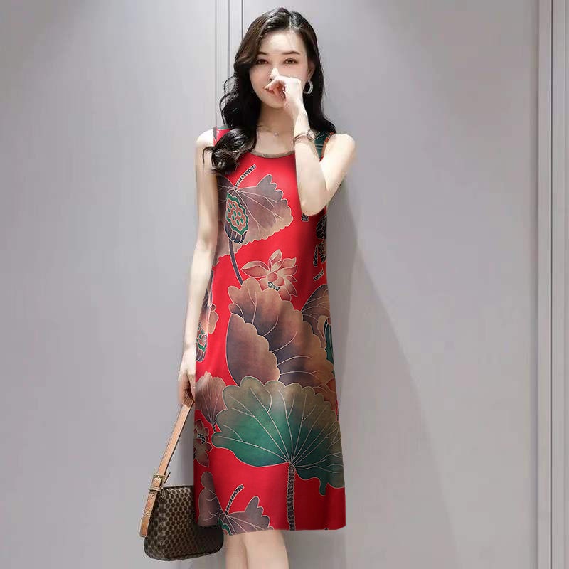Đầm Lụa Lạnh Không Tay Plus Size Dáng Ôm In Họa Tiết Phong Cách Retro