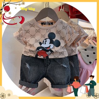 Sbt60 - set bé trai áo nâu mickey gc + quần bò đen