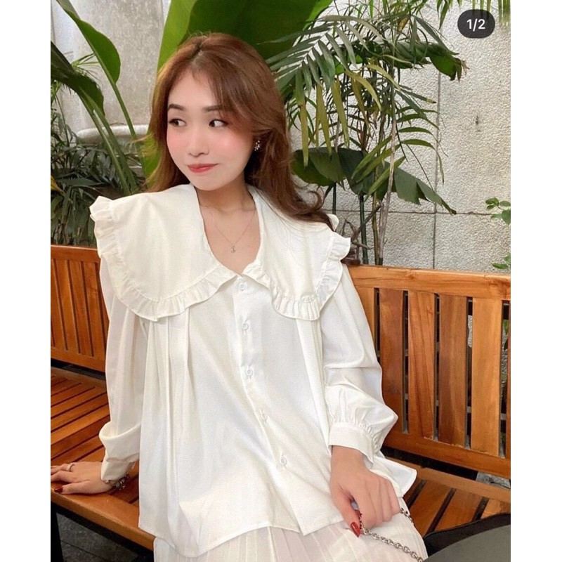 Áo sơmi babydoll cổ sen bèo tay phồng trắng xanh