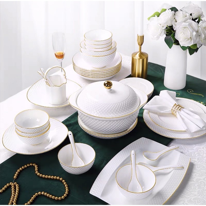 Bộ bát đĩa viền vàng cao cấp sứ xương