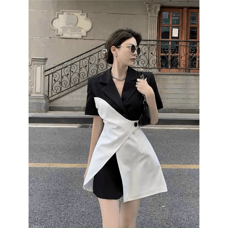 Đầm Nữ Cổ Vest Công Sở Phối Màu Trắng Đen Chất For Tôn Dáng Mặc Đẹp Dáng Xinh NEW UNISEX