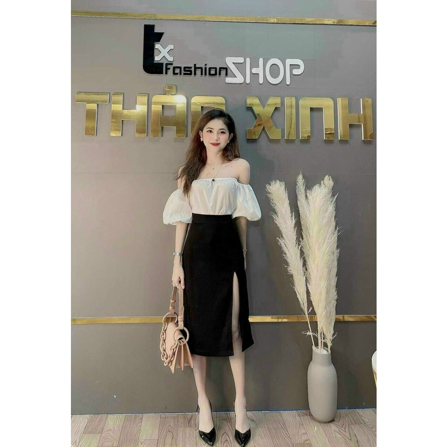 Set áo trắng trễ vai mix chân váy đen xẻ tà, set váy tay phồng tiểu thư màu đen trắng cho nàng công sở trẻ trung