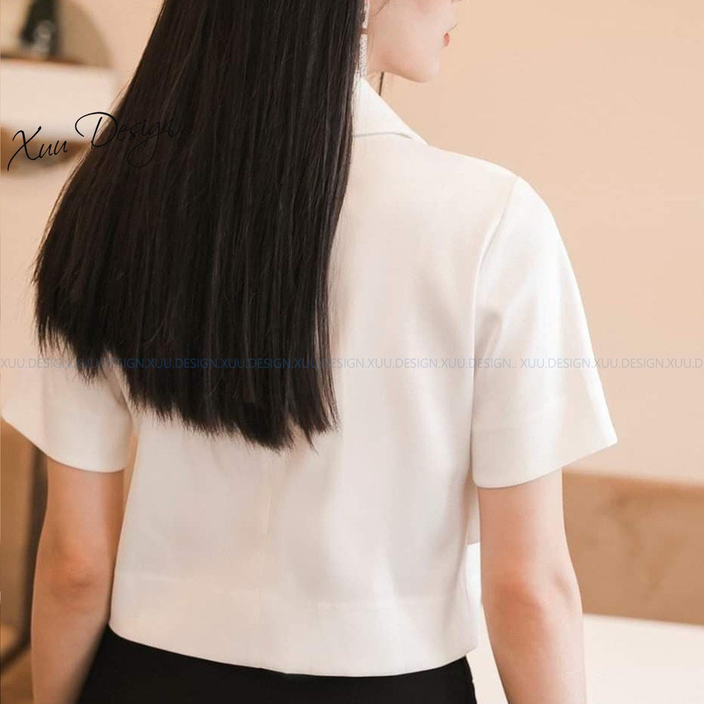 Áo sơ mi nữ croptop Xuu, chất liệu vải kate tay ngắn cổ sen vuông trẻ trung - SP16