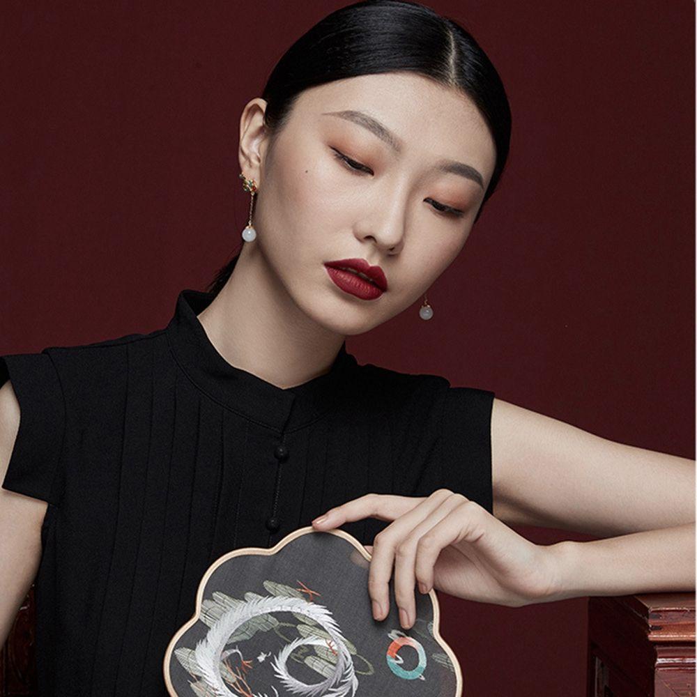 Bông Tai Dáng Dài Mặt Hình Học Màu Đỏ / Xanh Lá Phong Cách Trung Hoa Cổ Điển Thời Trang Cho Nữ