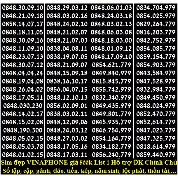 SIM ĐẸP VINA ĐỒNG GIÁ 500k LIST 1 HỖ TRỢ ĐĂNG KÝ CHÍNH CHỦ MIỄN PHÍ ĐƯỢC HƯỞNG NHIỀU GÓI KHUYÊN MÃI CỦA MẠNG VINAPHONE