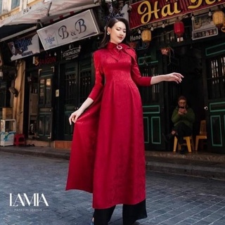 Áo dài, áo cách tân gấm lụa cao cấp đính nơ cổ sang hot b4