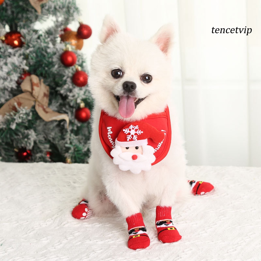 Bộ 4 Vớ Ngắn Co Giãn Tốt Chống Trầy In Họa Tiết Ông Già Noel Giáng Sinh Cho Thú Cưng