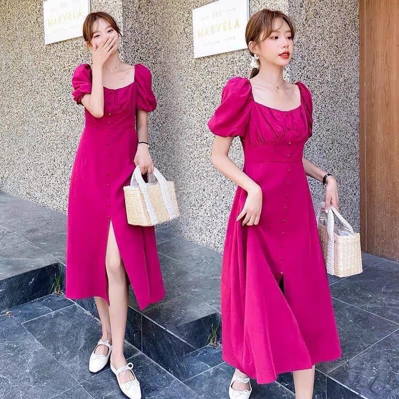 Váy Maxi Hồng Tay Cộc Dáng Suông, Đầm Nữ Hồng Cổ Vuông Tay Phồng Siêu Xinh Có Ảnh Thật Kèm Video