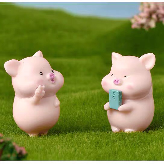 Set 6 mô hình heo hồng, tượng heo dưa hấu tiểu cảnh đáng yêu Ráp trang trí bàn làm việc, bàn học, để xe taplo ô tô