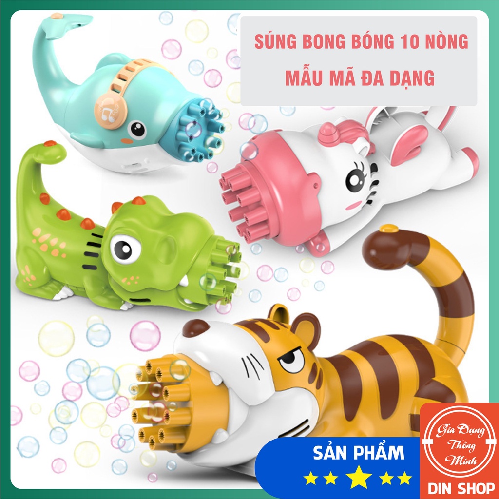 Súng bắn bong bóng hổ 10 nòng cho bé - Súng máy phun thổi bong bóng xà phòng hình cá heo/ hổ đồ chơi trẻ em ngoài trời