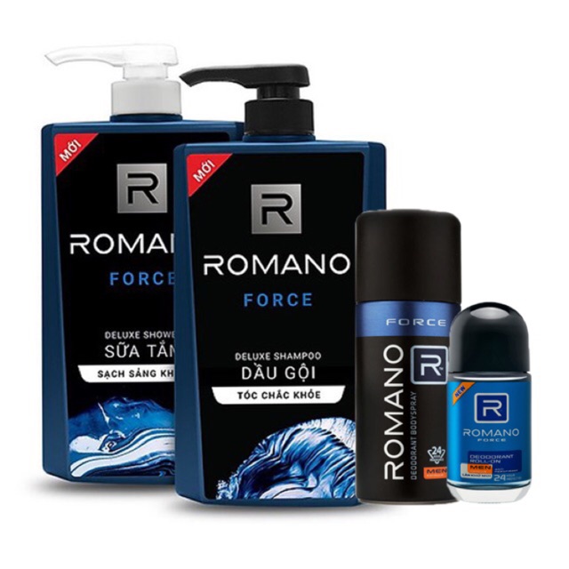 Combo Romano Force: Dầu gội 650g, sữa tắm 650g, xịt khử mùi 150ml,lăn khửi mùi 50ml