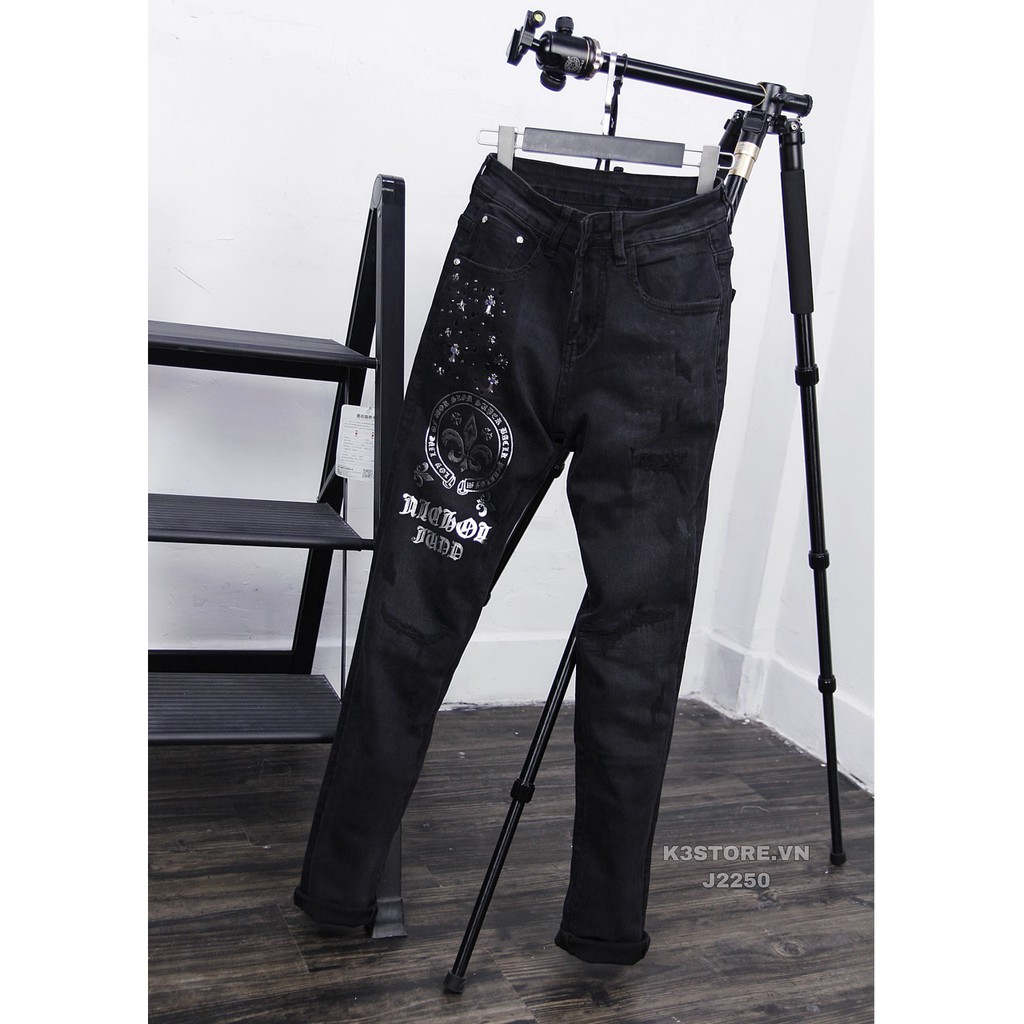 Quần jean nam tháp da đính đá chrome quần bò vải jean cao cấp có độ co dãn nhẹ j2250 K3 STORE