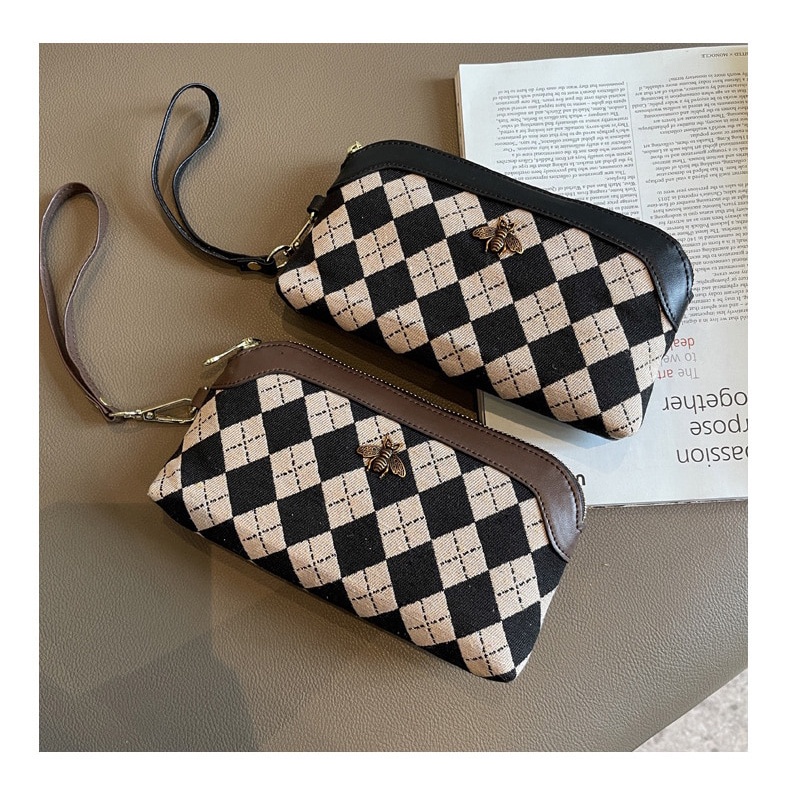 Excellent Canvas Leather Long Women Clutches Wallets Luxury Brand Style Bee Clutch Bag Fashion Check Prints Ladies Coin Purses