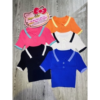 Áo len cổ viền Qc form croptop ngắn tay